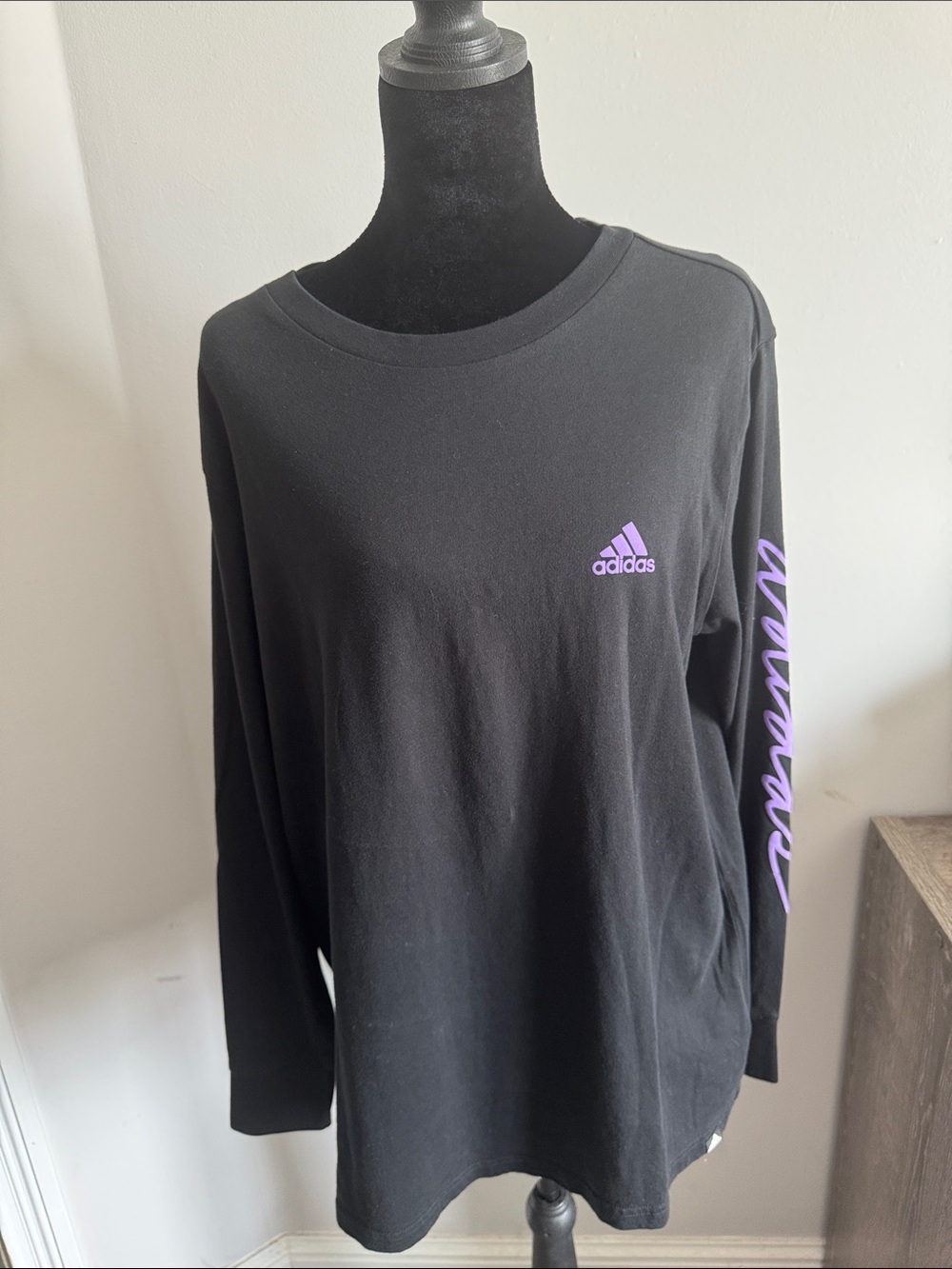 adidas Black Long-Sleeve Tee with Purple Trefoil & Sleeve Script